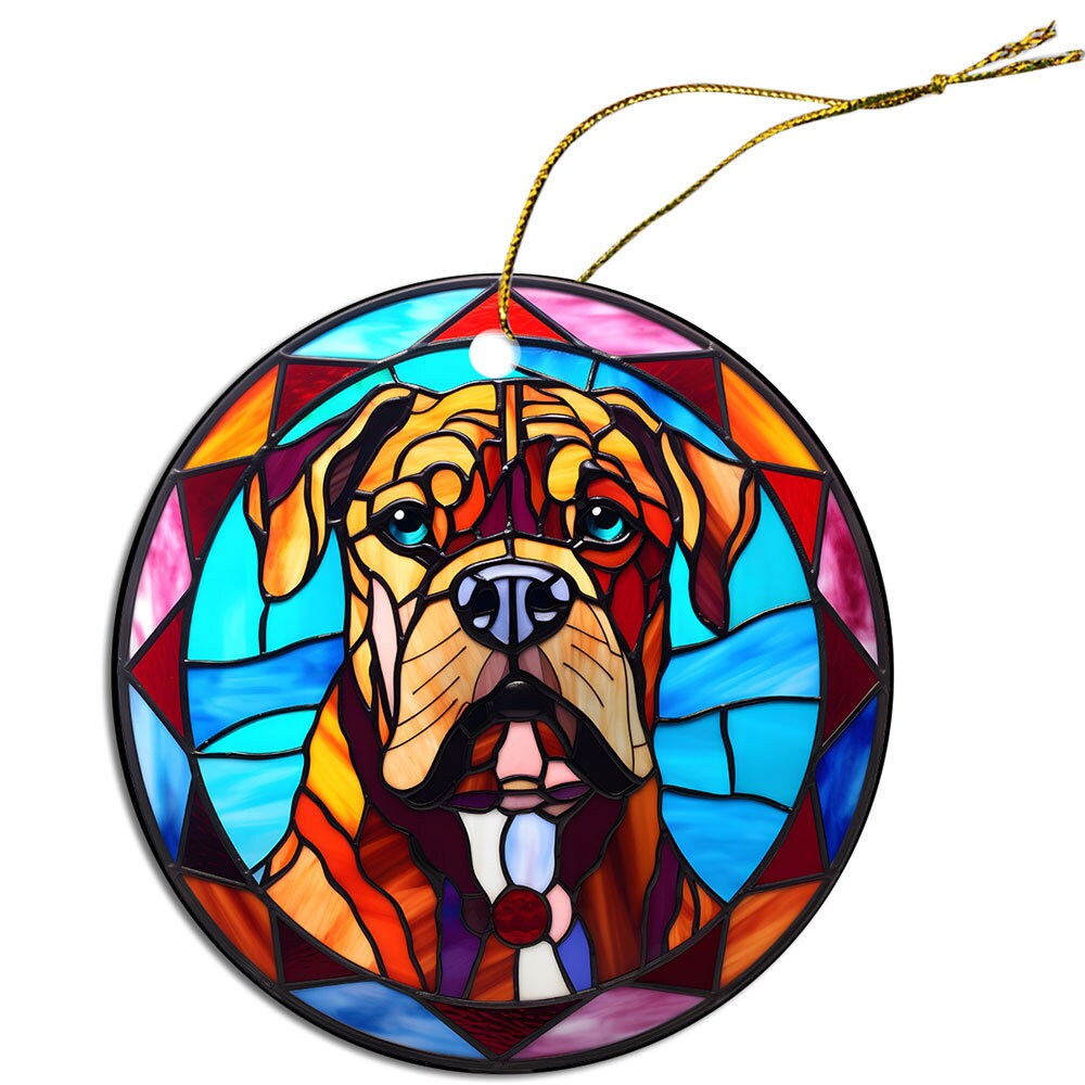 Stained glass style Christmas ornament featuring a Boxer dog, elegantly designed with vibrant colors and a golden hanging string.
