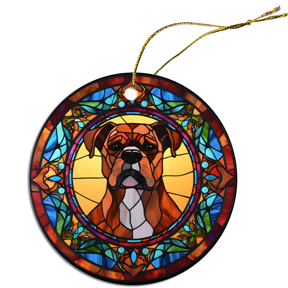 Stained glass style Christmas ornament featuring a Boxer dog, elegantly designed with vibrant colors and a golden hanging string.