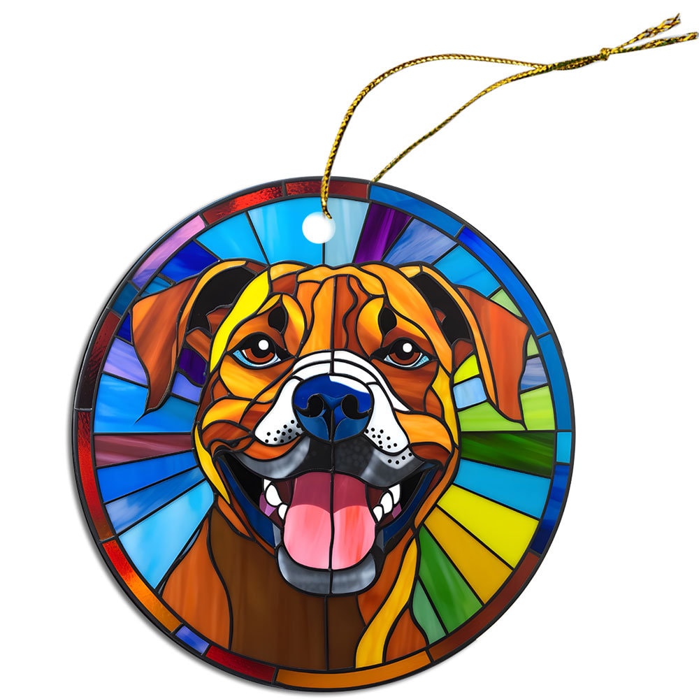 Stained glass style Christmas ornament featuring a Boxer dog, elegantly designed with vibrant colors and a golden hanging string.