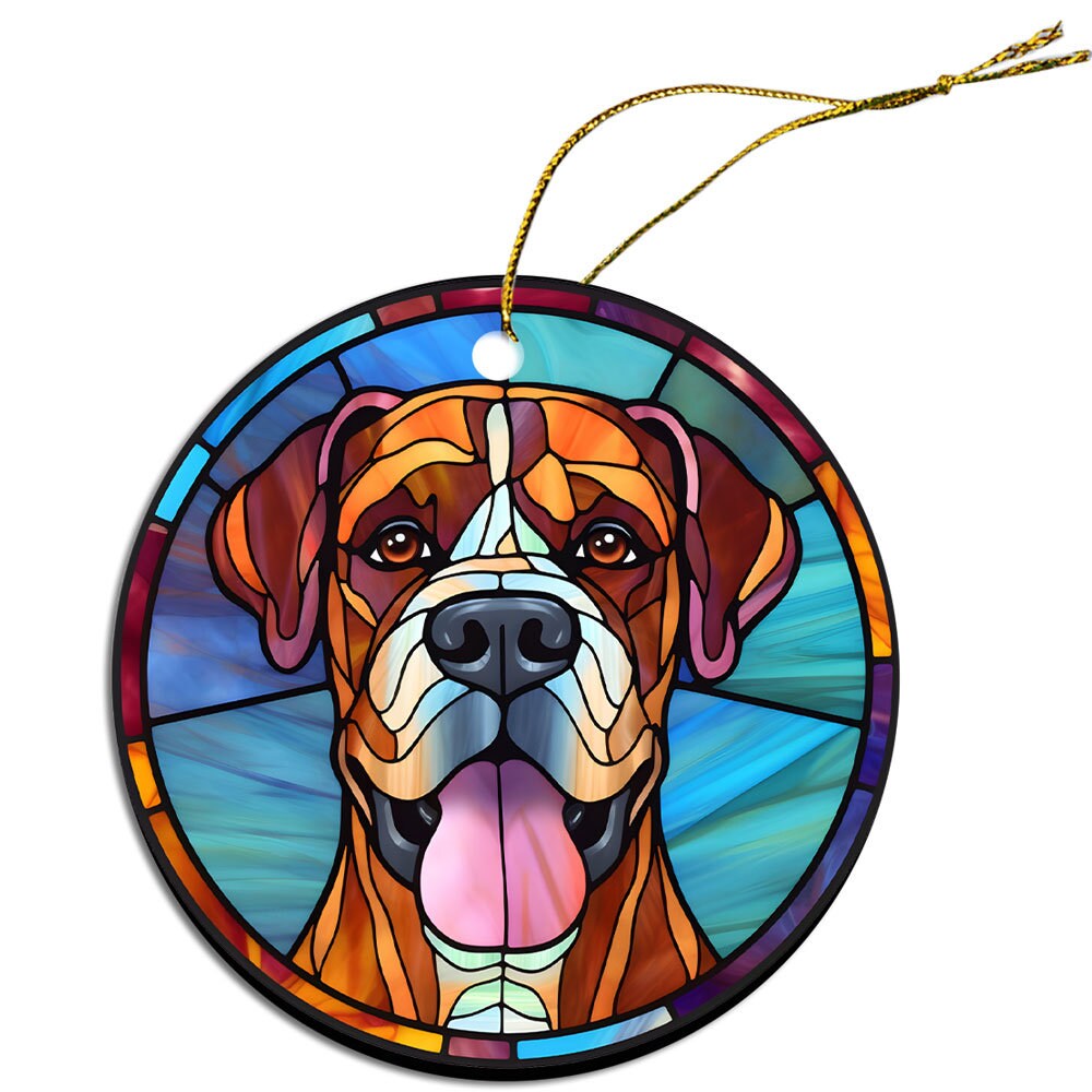 Stained glass style Christmas ornament featuring a Boxer dog, elegantly designed with vibrant colors and a golden hanging string.