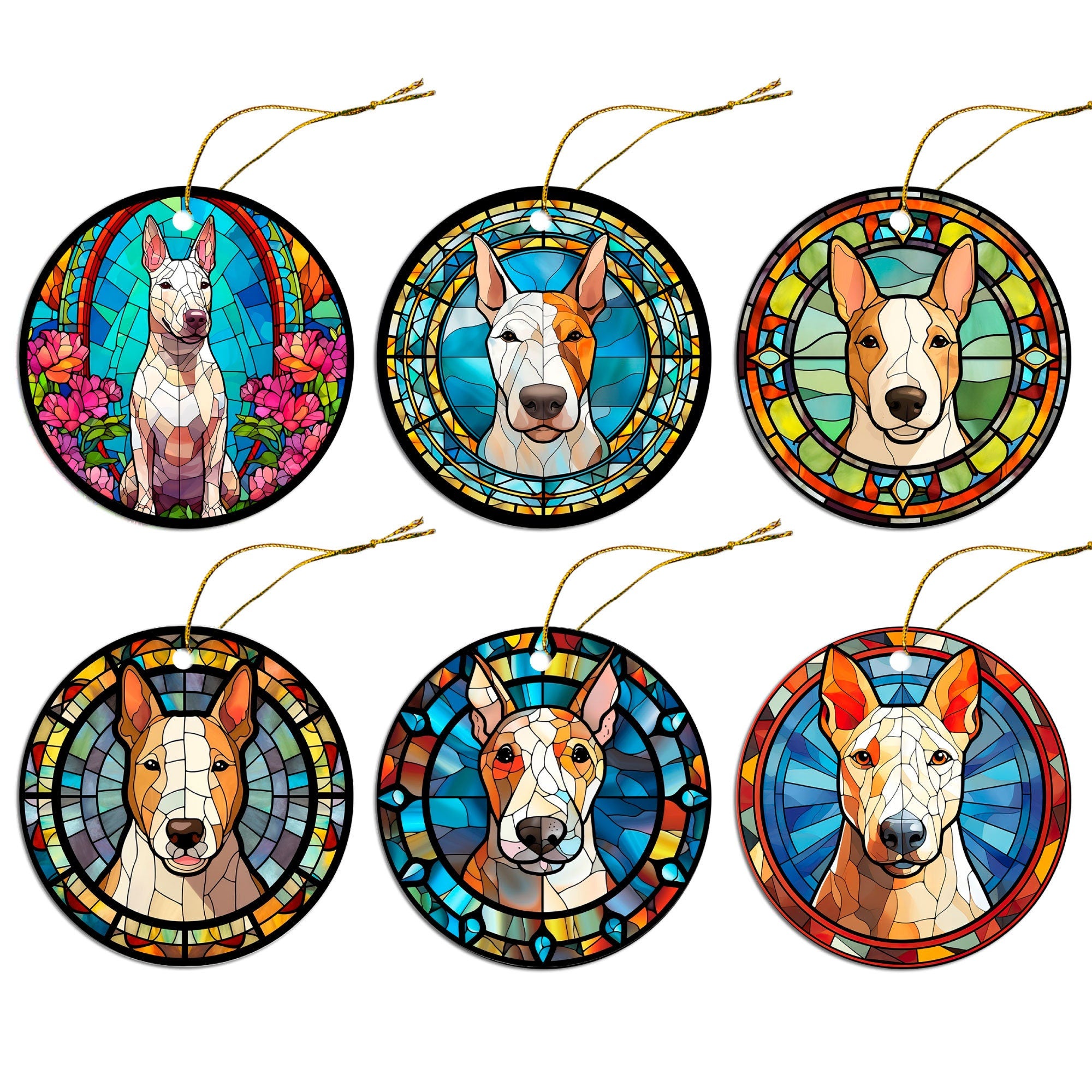 Stained glass style Christmas ornament featuring a Bull Terrier, showcasing vibrant colors and intricate design.