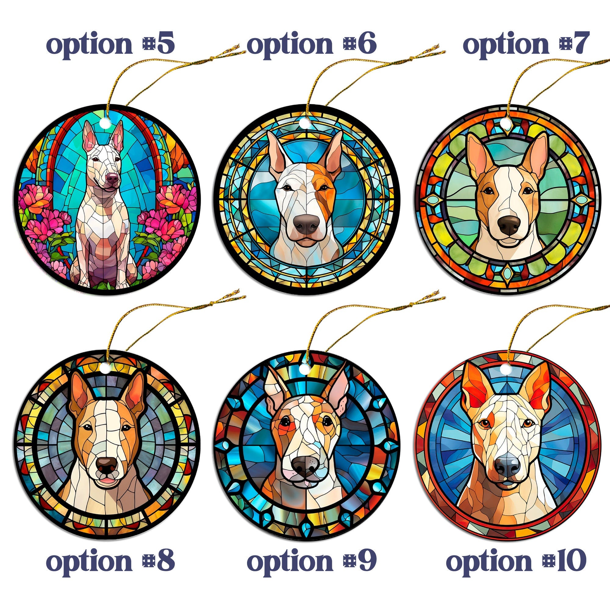 Stained glass style Christmas ornament featuring a Bull Terrier, showcasing vibrant colors and intricate design.
