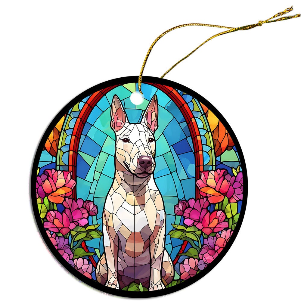 Stained glass style Christmas ornament featuring a Bull Terrier, showcasing vibrant colors and intricate design.