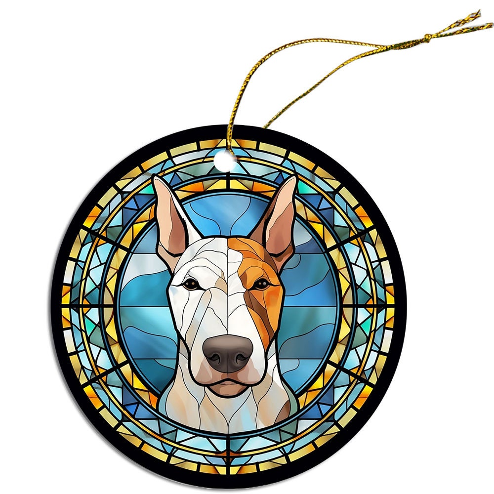 Stained glass style Christmas ornament featuring a Bull Terrier, showcasing vibrant colors and intricate design.