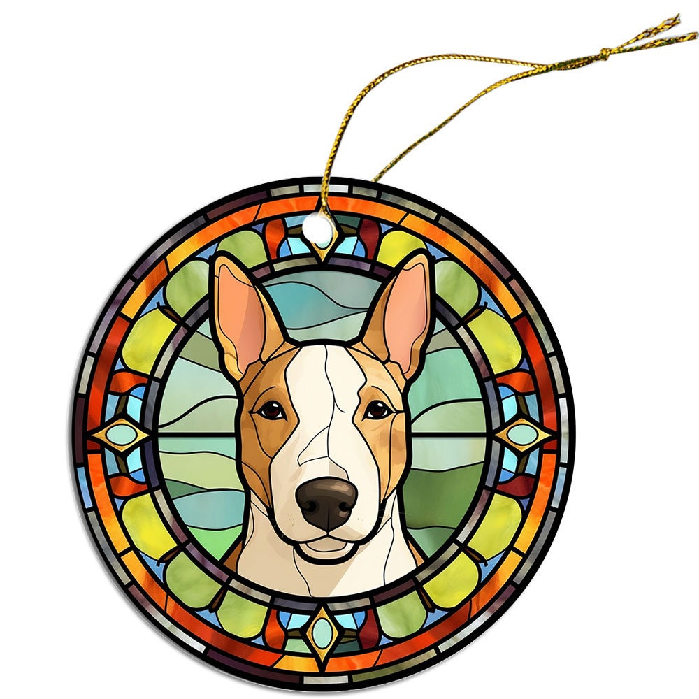 Stained glass style Christmas ornament featuring a Bull Terrier, showcasing vibrant colors and intricate design.