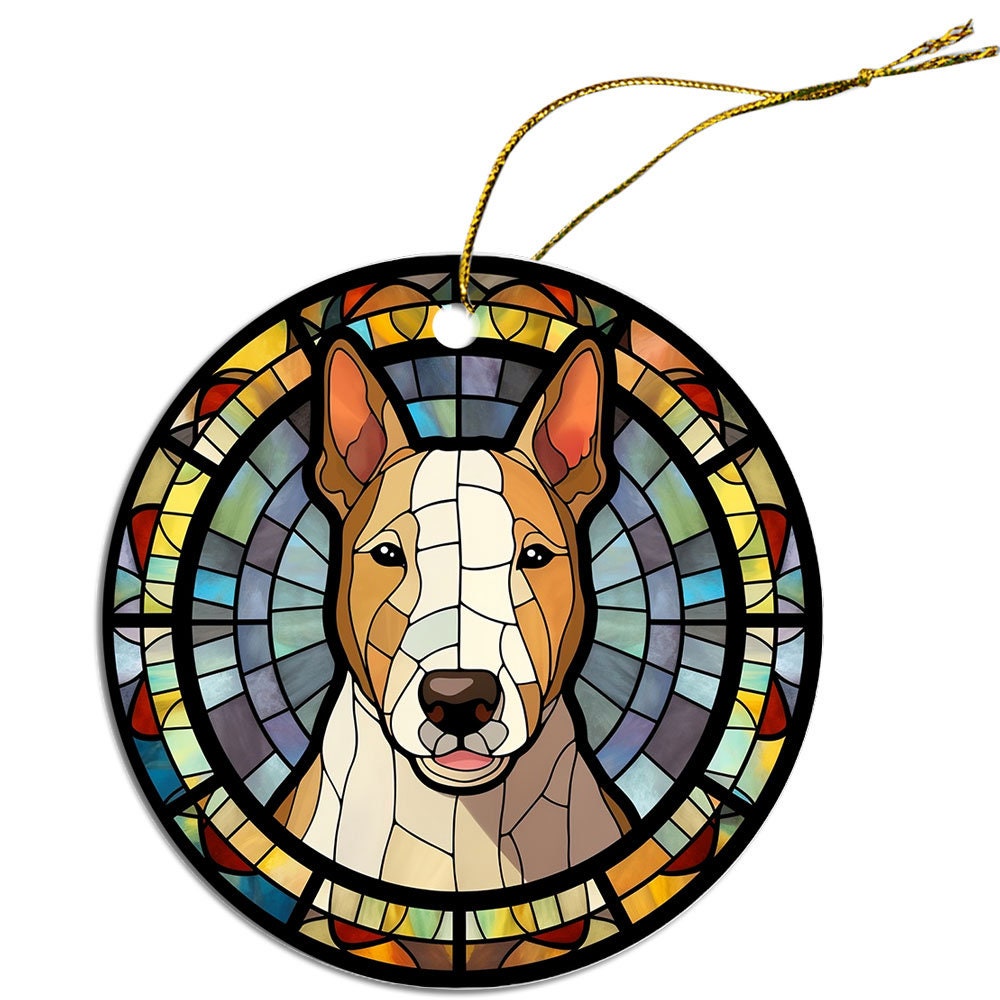 Stained glass style Christmas ornament featuring a Bull Terrier, showcasing vibrant colors and intricate design.