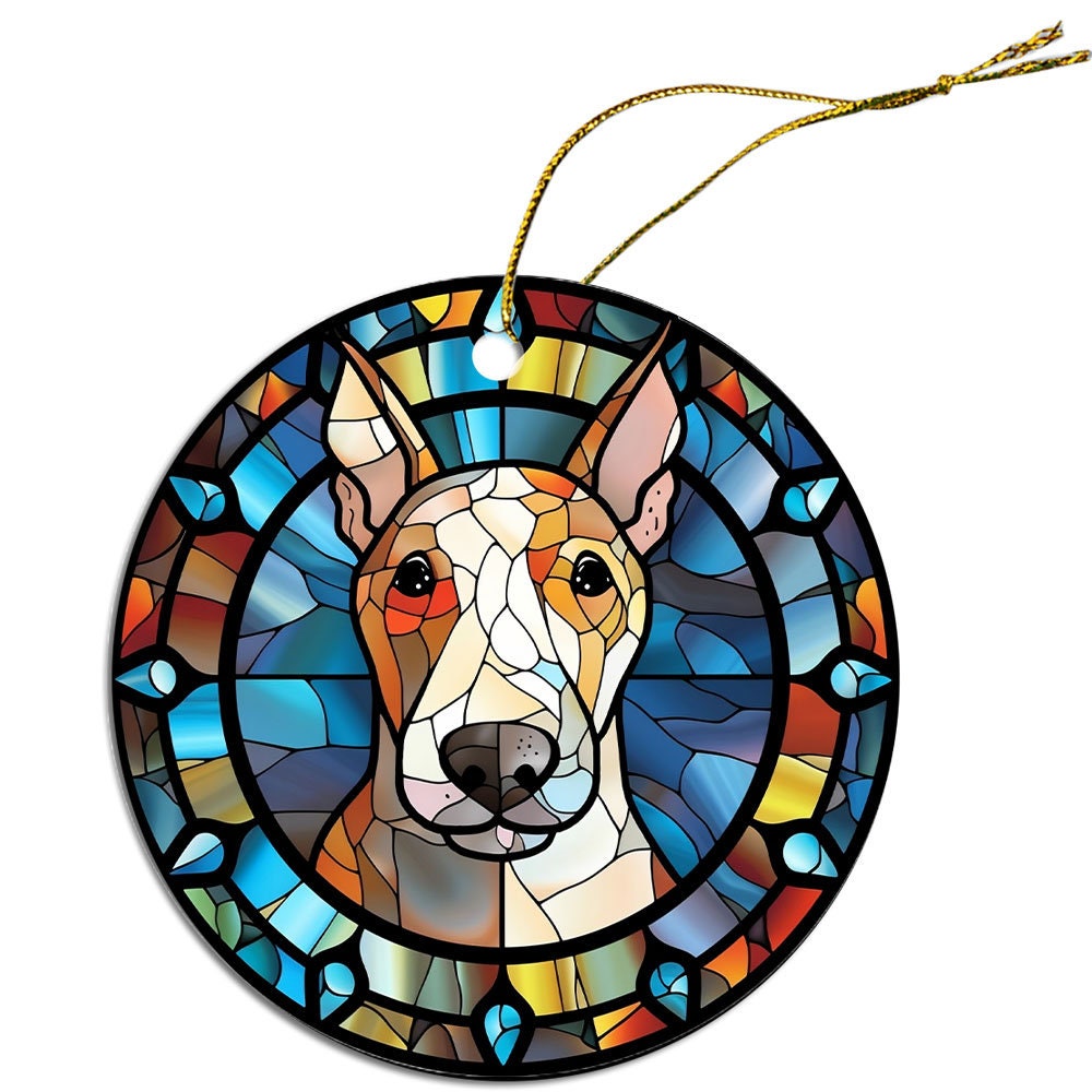 Stained glass style Christmas ornament featuring a Bull Terrier, showcasing vibrant colors and intricate design.