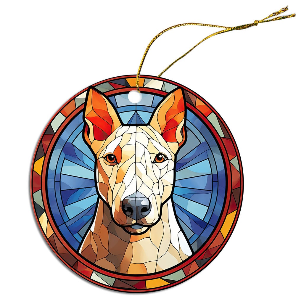 Stained glass style Christmas ornament featuring a Bull Terrier, showcasing vibrant colors and intricate design.