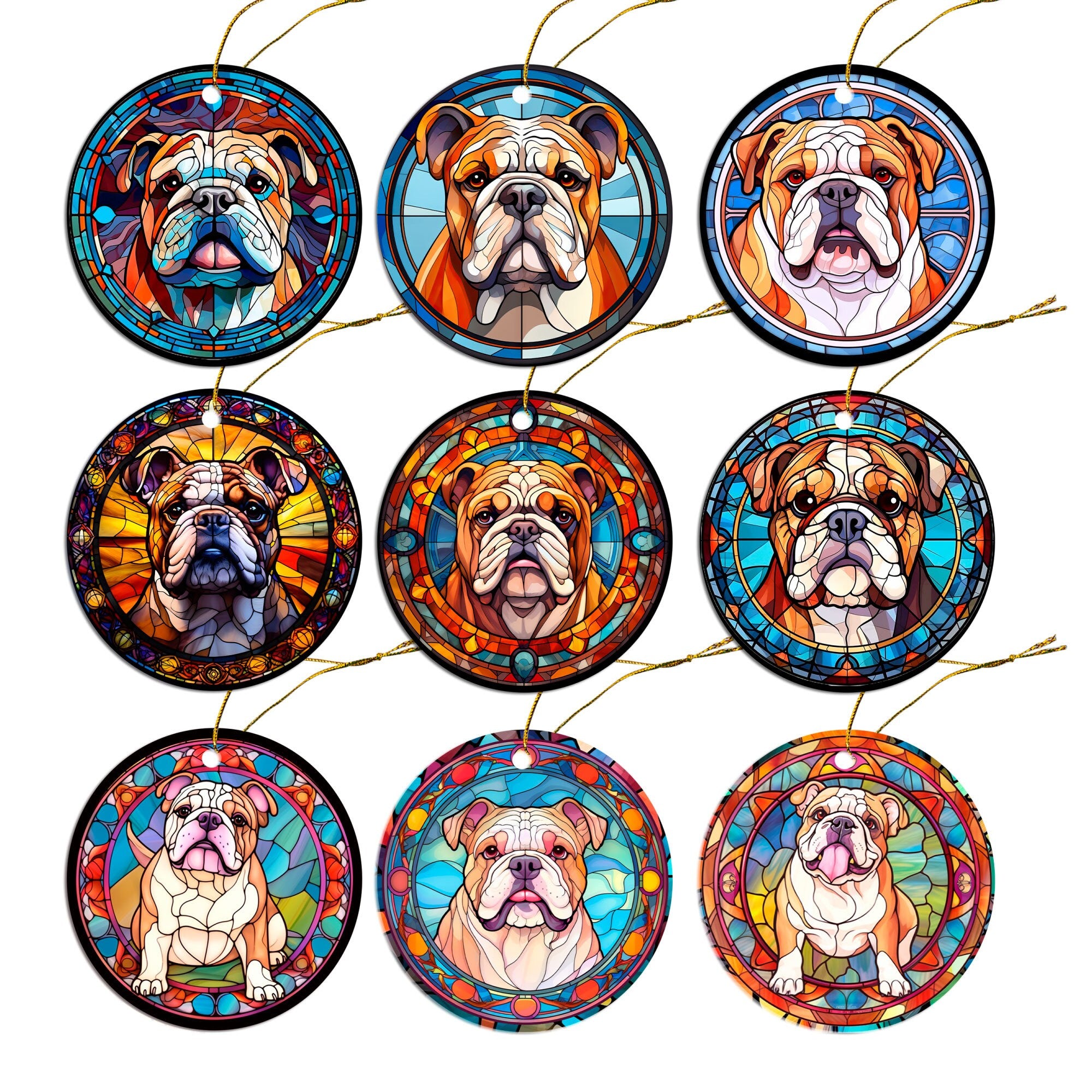 Stained glass style Christmas ornament featuring a Bulldog design, showcasing vibrant colors and intricate details.