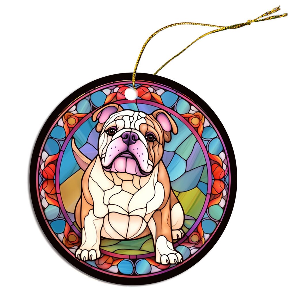 Stained glass style Christmas ornament featuring a Bulldog design, showcasing vibrant colors and intricate details.