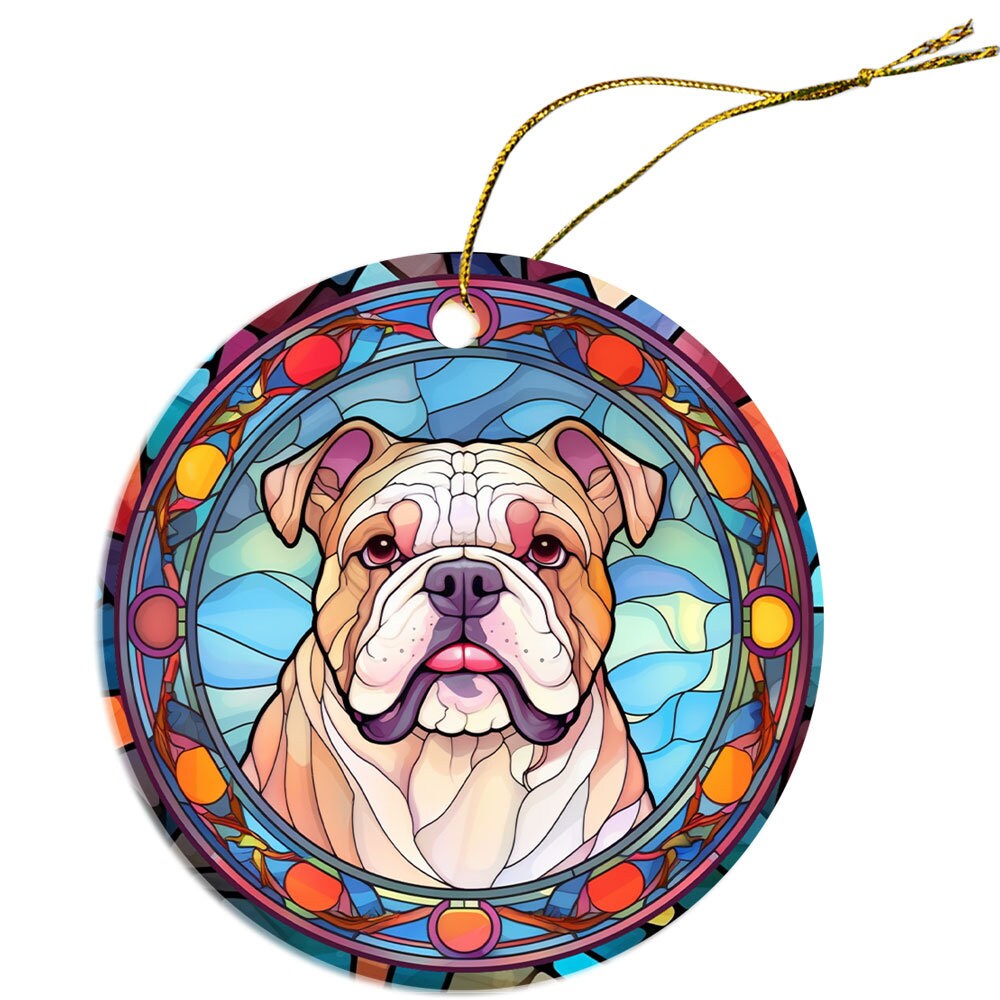 Stained glass style Christmas ornament featuring a Bulldog design, showcasing vibrant colors and intricate details.