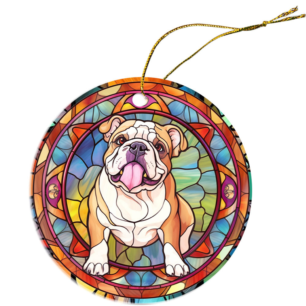 Stained glass style Christmas ornament featuring a Bulldog design, showcasing vibrant colors and intricate details.