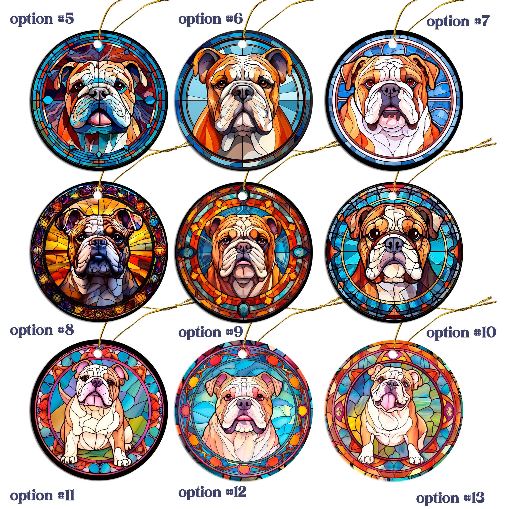 Stained glass style Christmas ornament featuring a Bulldog design, showcasing vibrant colors and intricate details.
