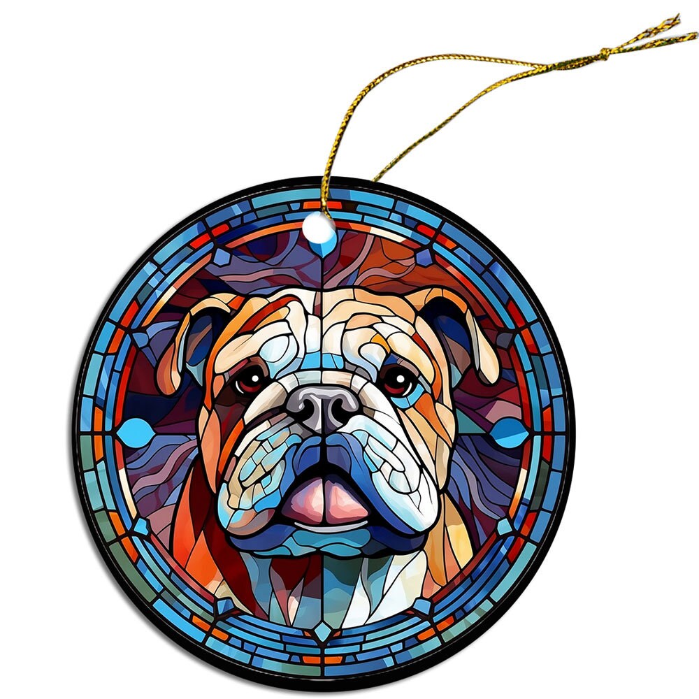 Stained glass style Christmas ornament featuring a Bulldog design, showcasing vibrant colors and intricate details.