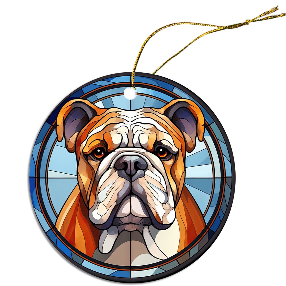 Stained glass style Christmas ornament featuring a Bulldog design, showcasing vibrant colors and intricate details.