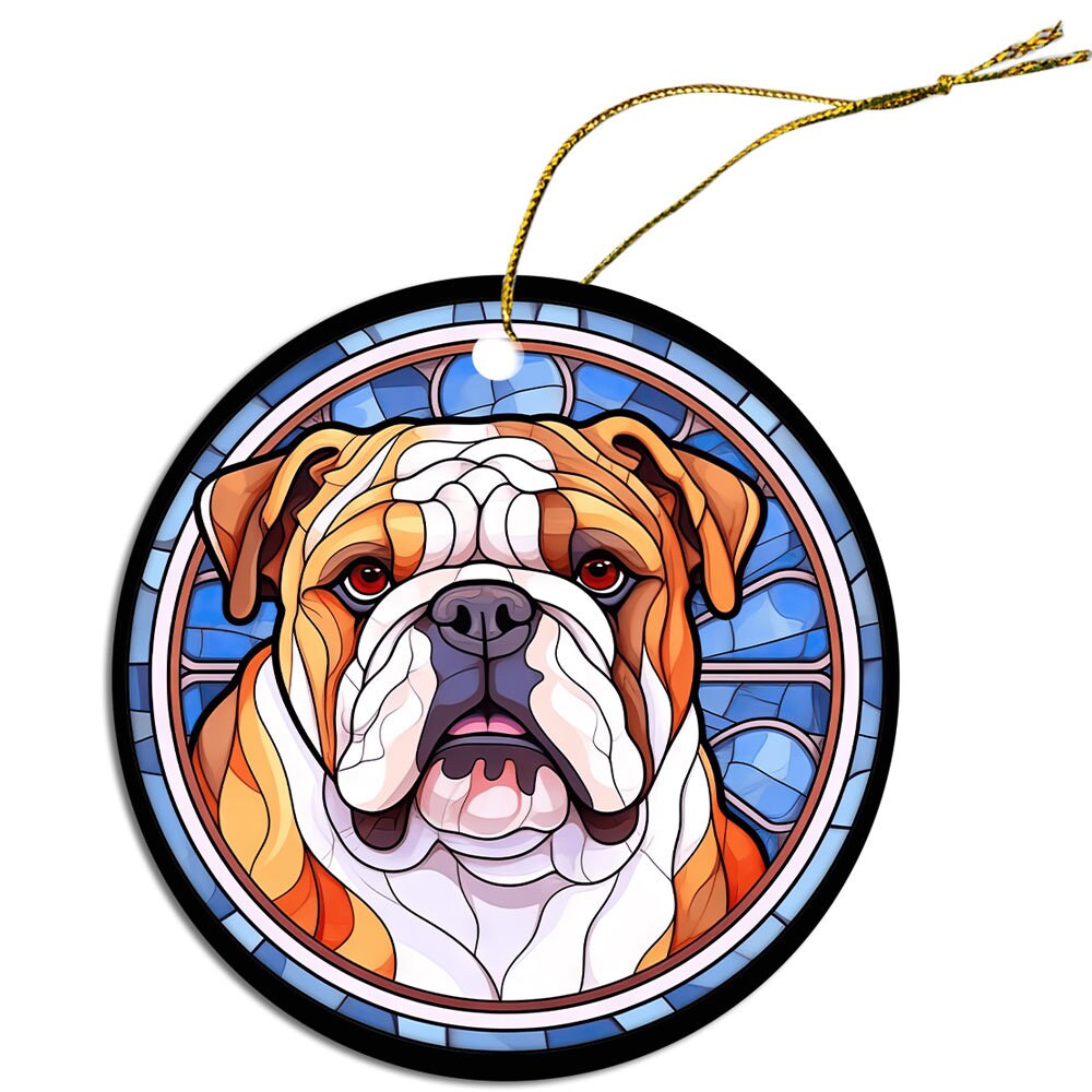 Stained glass style Christmas ornament featuring a Bulldog design, showcasing vibrant colors and intricate details.