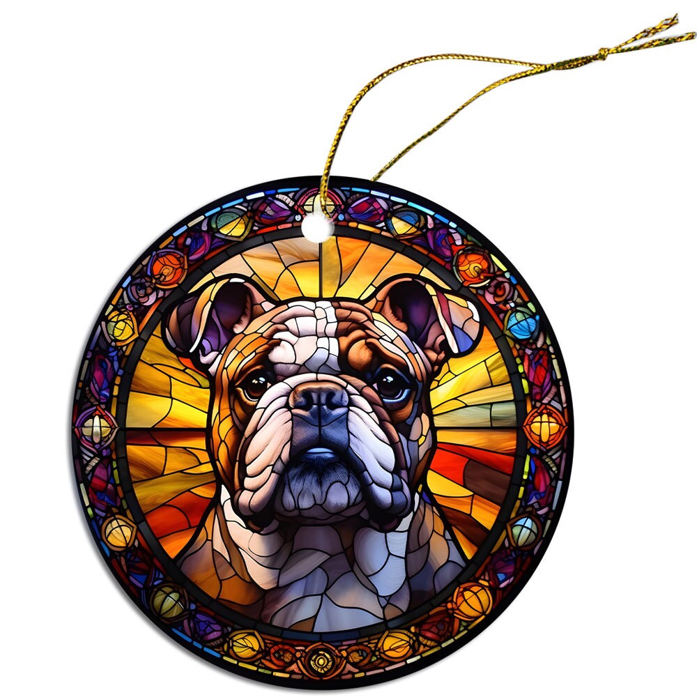 Stained glass style Christmas ornament featuring a Bulldog design, showcasing vibrant colors and intricate details.
