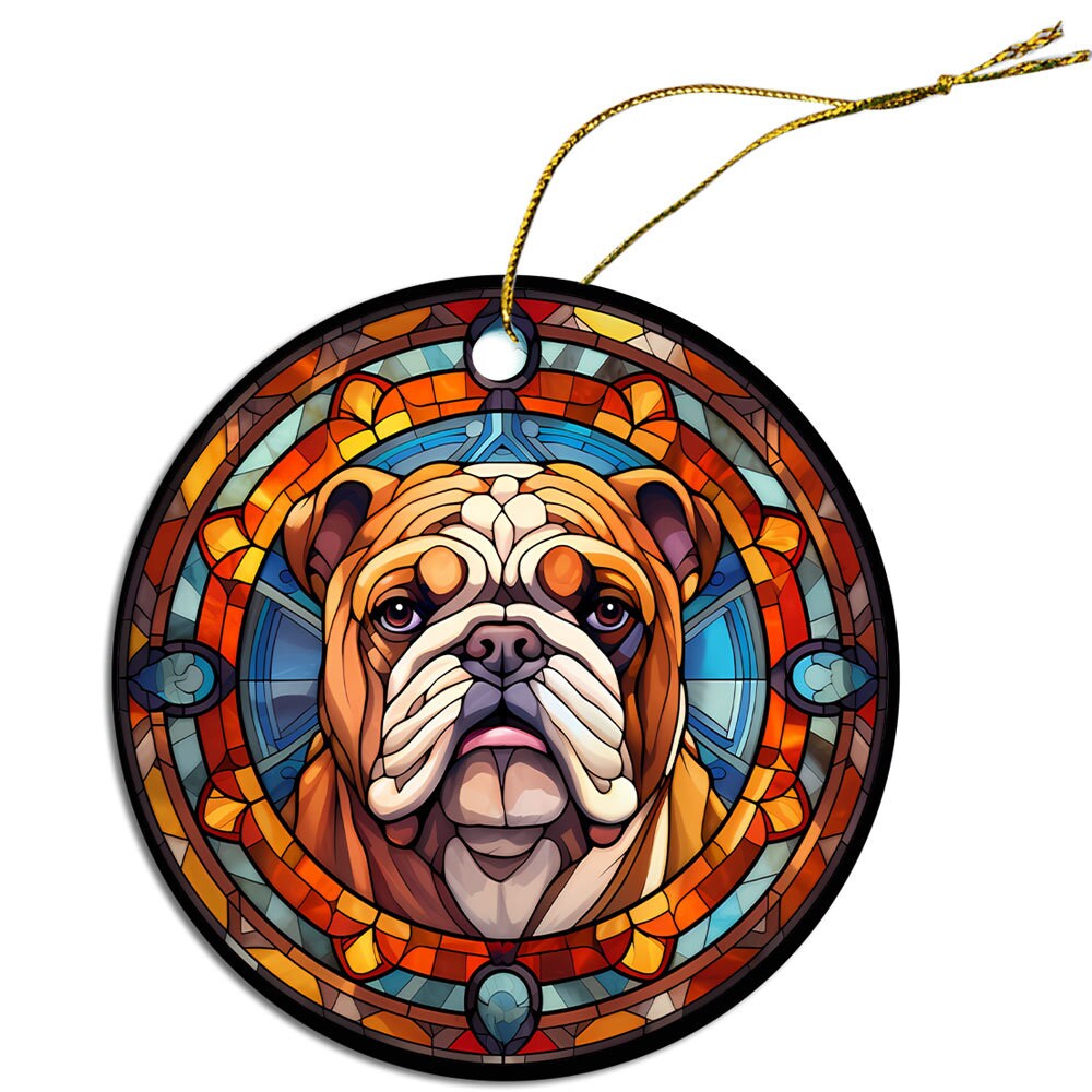 Stained glass style Christmas ornament featuring a Bulldog design, showcasing vibrant colors and intricate details.