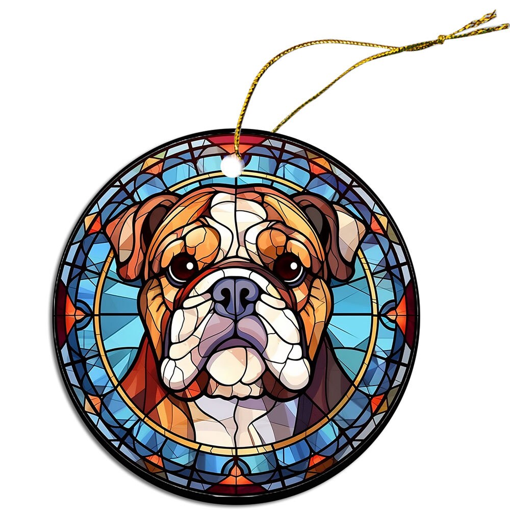 Stained glass style Christmas ornament featuring a Bulldog design, showcasing vibrant colors and intricate details.