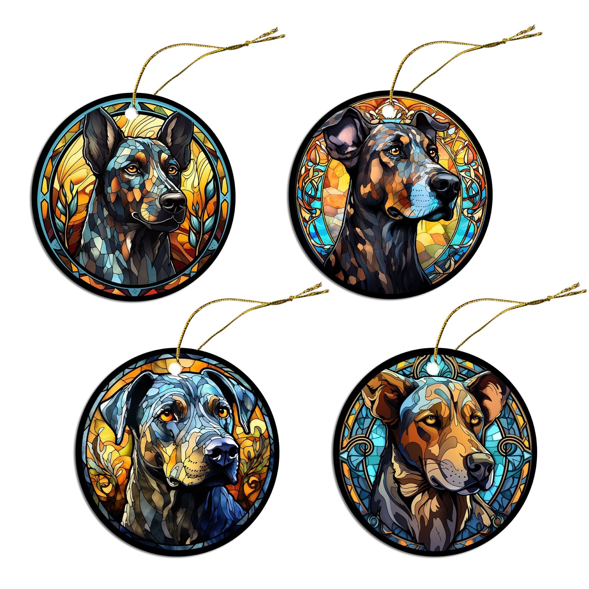 Stained glass style Christmas ornament featuring a Catahoula dog breed, elegantly designed with a golden string.