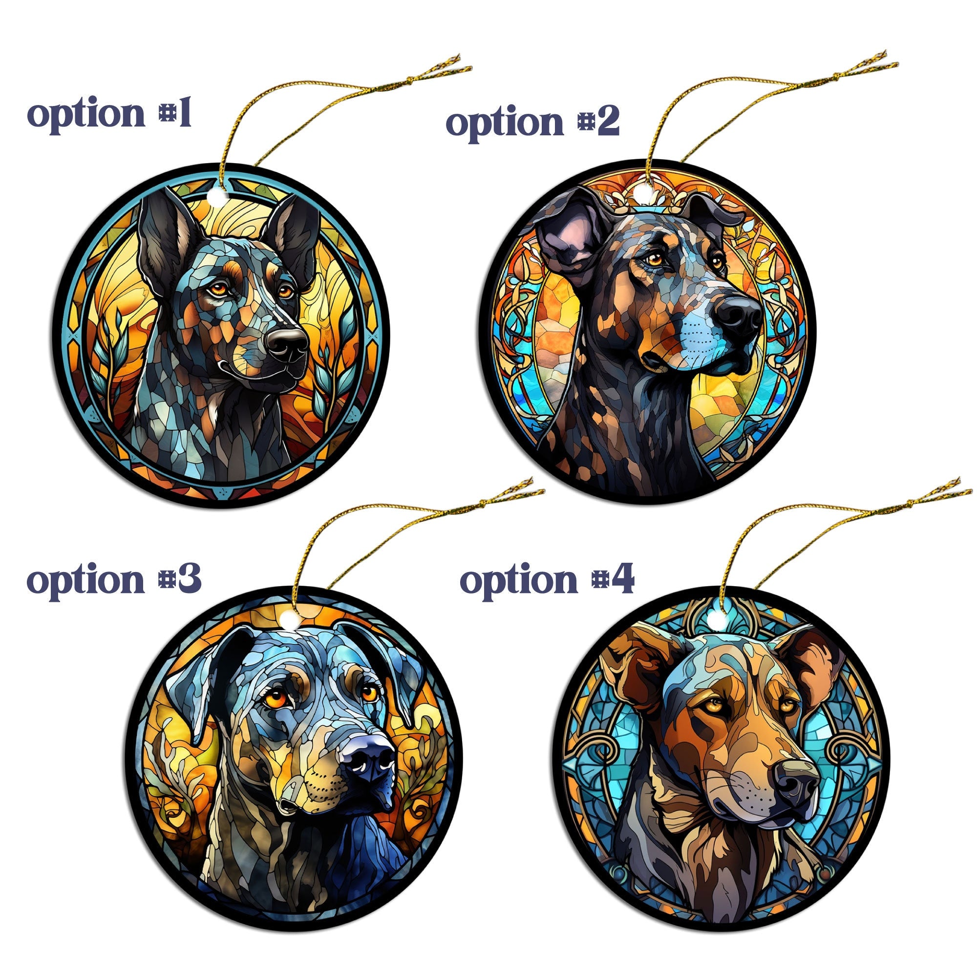 Stained glass style Christmas ornament featuring a Catahoula dog breed, elegantly designed with a golden string.