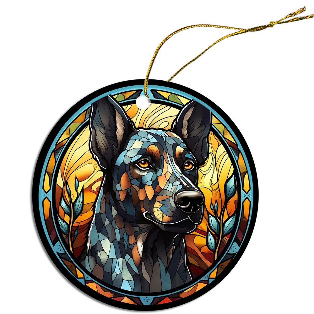 Stained glass style Christmas ornament featuring a Catahoula dog breed, elegantly designed with a golden string.