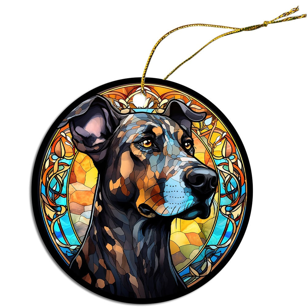 Stained glass style Christmas ornament featuring a Catahoula dog breed, elegantly designed with a golden string.