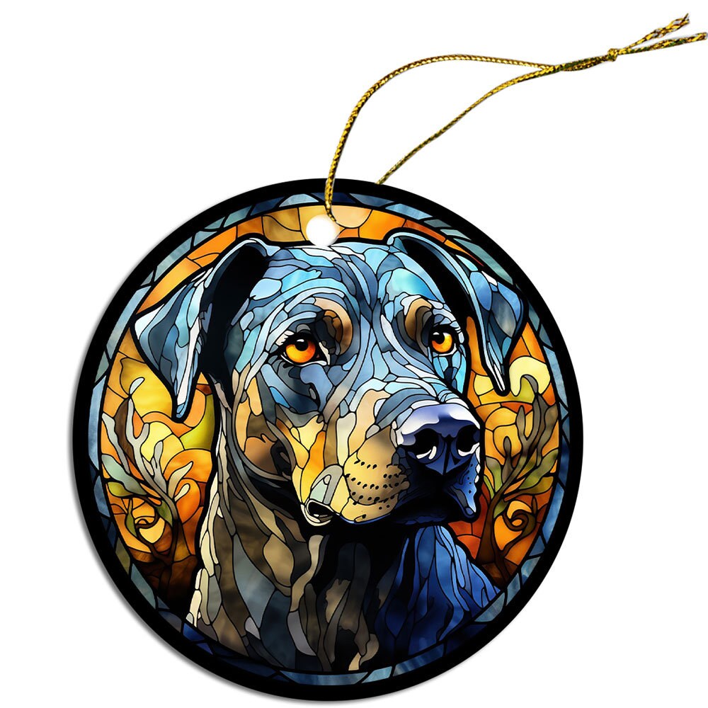 Stained glass style Christmas ornament featuring a Catahoula dog breed, elegantly designed with a golden string.