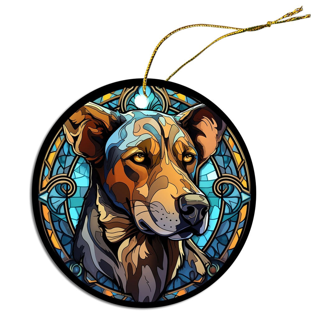 Stained glass style Christmas ornament featuring a Catahoula dog breed, elegantly designed with a golden string.