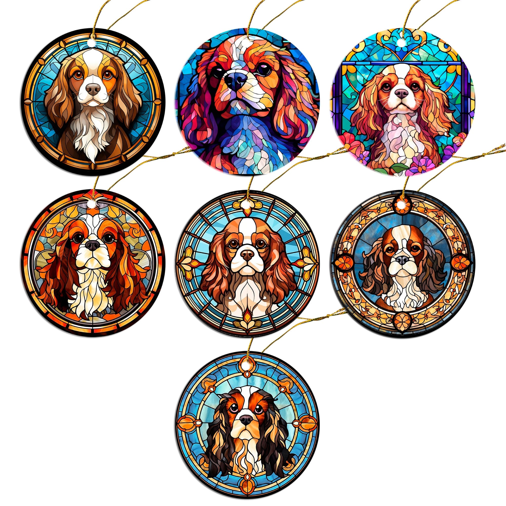 Cavalier King Charles Spaniel stained glass style Christmas ornament, featuring a round ceramic design with a golden string.