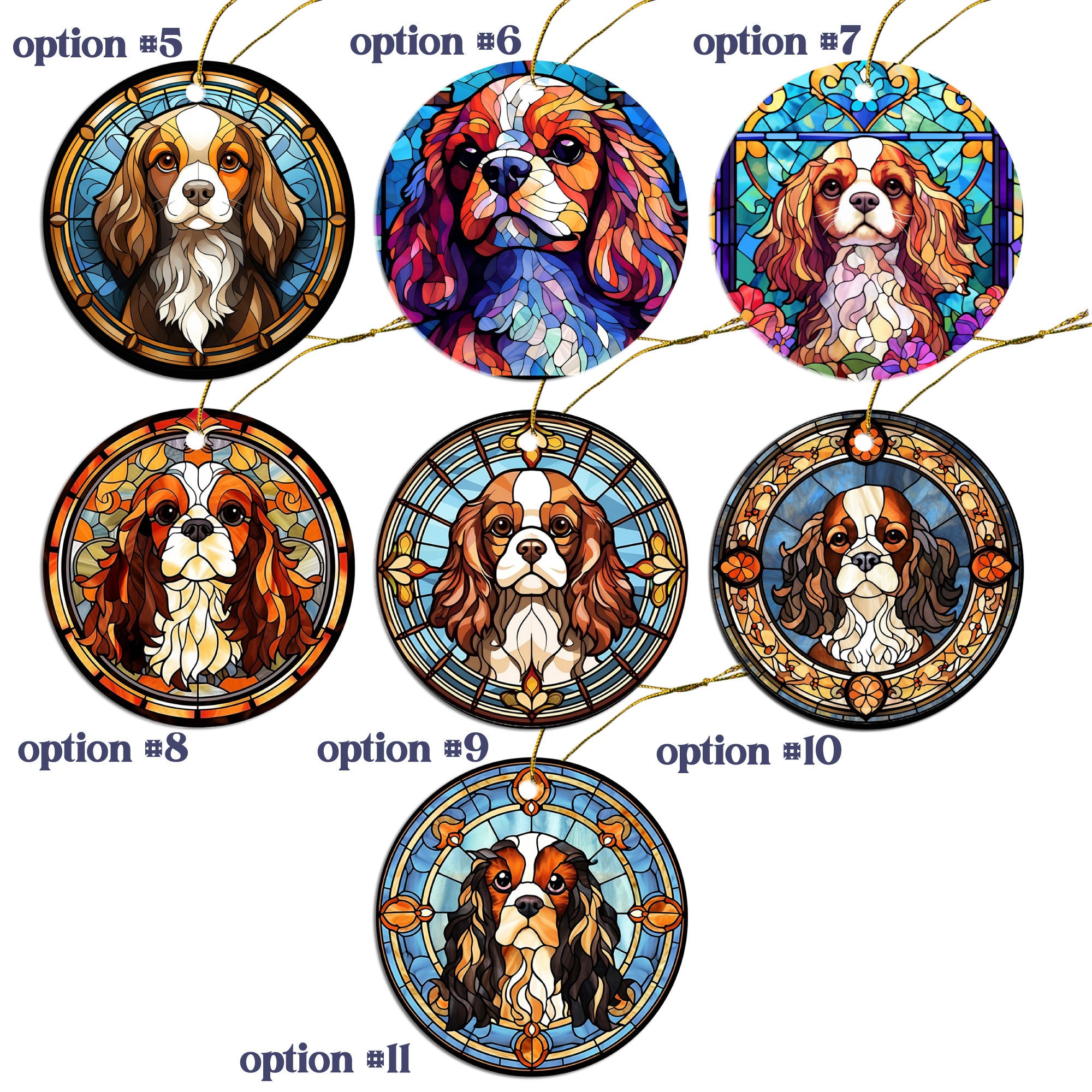 Cavalier King Charles Spaniel stained glass style Christmas ornament, featuring a round ceramic design with a golden string.