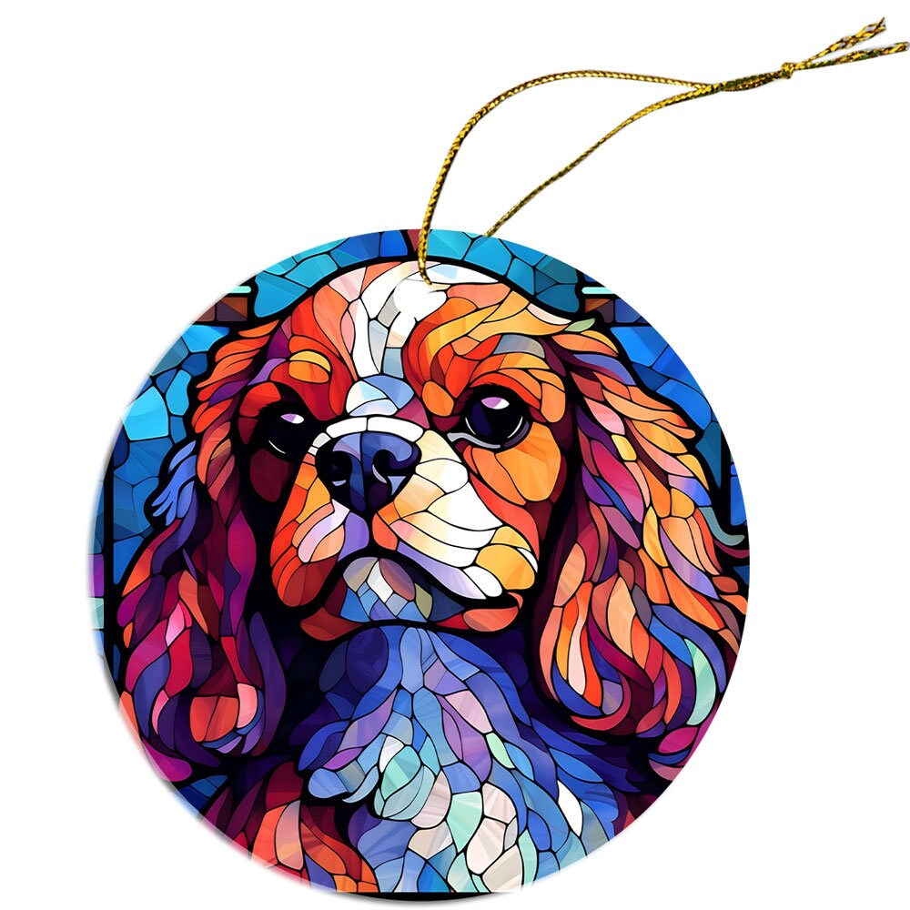 Cavalier King Charles Spaniel stained glass style Christmas ornament, featuring a round ceramic design with a golden string.