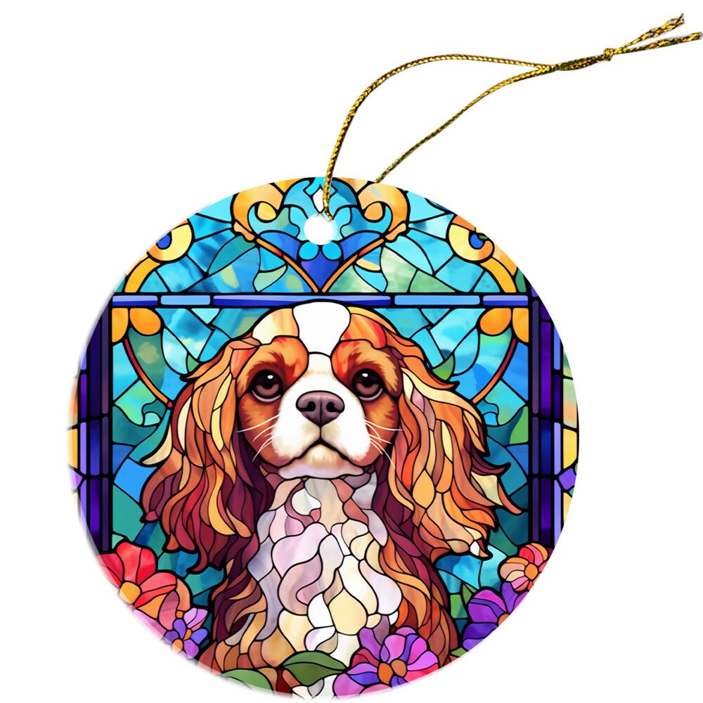 Cavalier King Charles Spaniel stained glass style Christmas ornament, featuring a round ceramic design with a golden string.