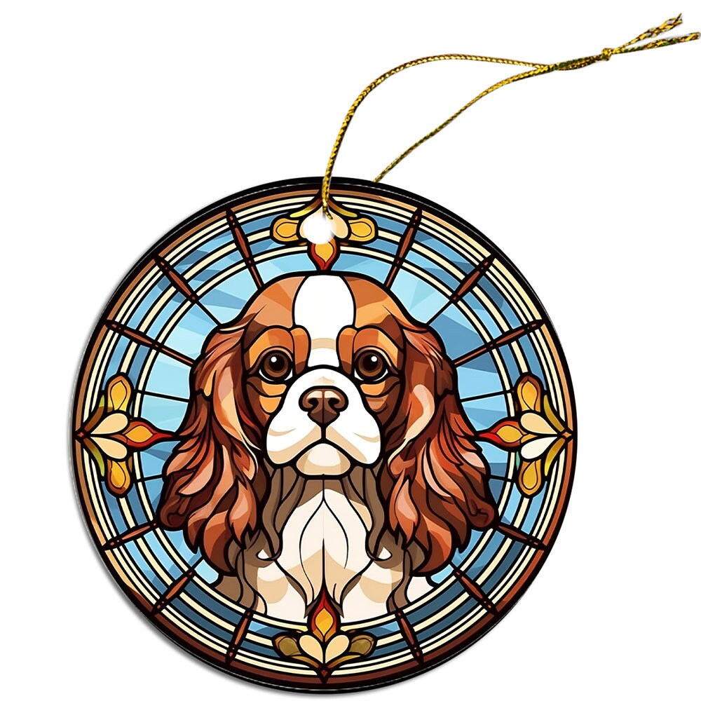 Cavalier King Charles Spaniel stained glass style Christmas ornament, featuring a round ceramic design with a golden string.