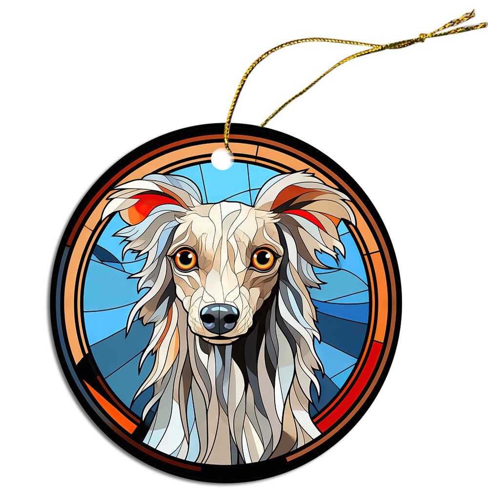 Stained glass style Christmas ornament featuring a Chinese Crested dog, elegantly designed with vibrant colors.