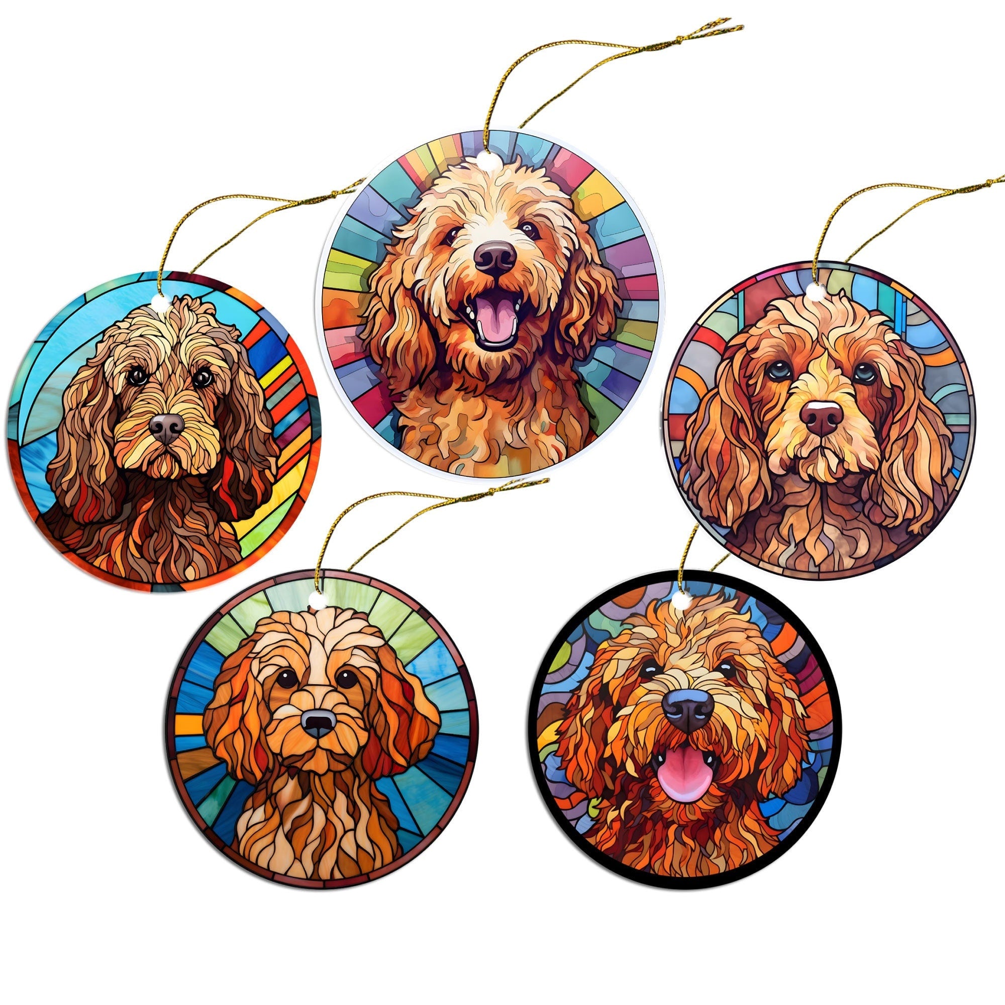 Stained glass style Christmas ornament featuring a Cockapoo breed, elegantly designed with vibrant colors and a golden string.