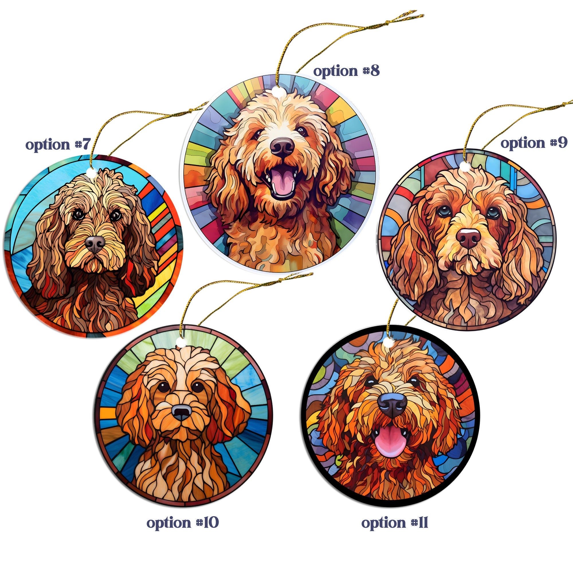 Stained glass style Christmas ornament featuring a Cockapoo breed, elegantly designed with vibrant colors and a golden string.