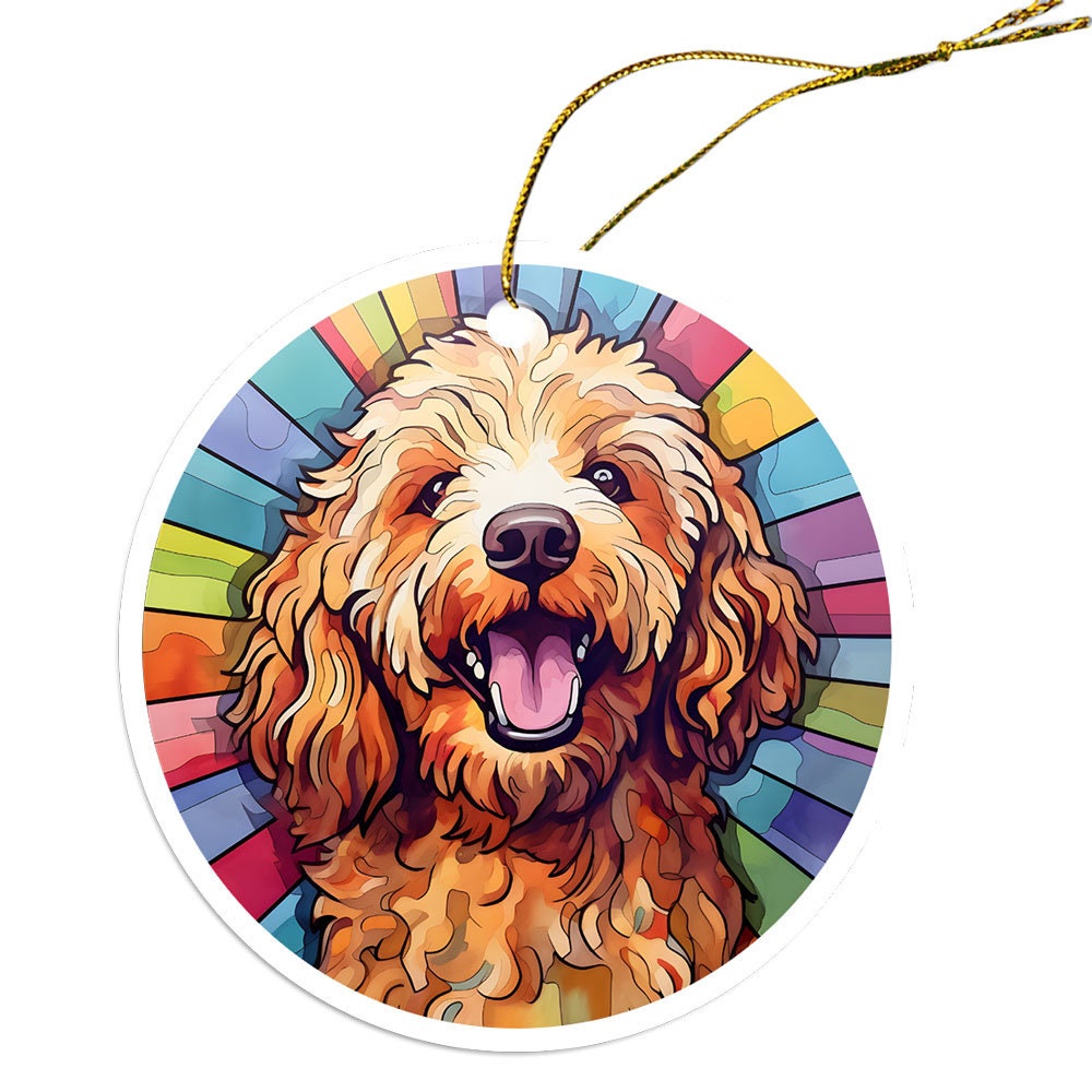 Stained glass style Christmas ornament featuring a Cockapoo breed, elegantly designed with vibrant colors and a golden string.