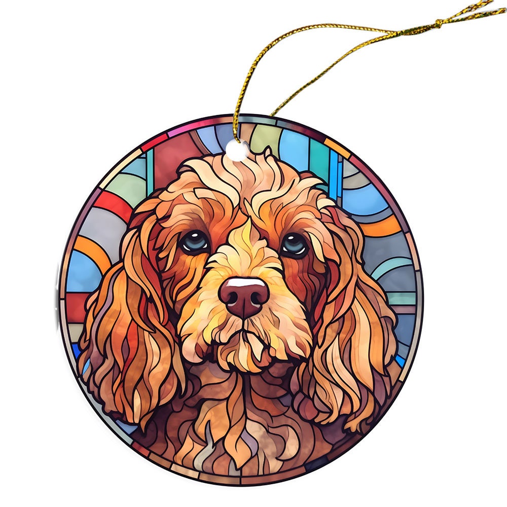 Stained glass style Christmas ornament featuring a Cockapoo breed, elegantly designed with vibrant colors and a golden string.