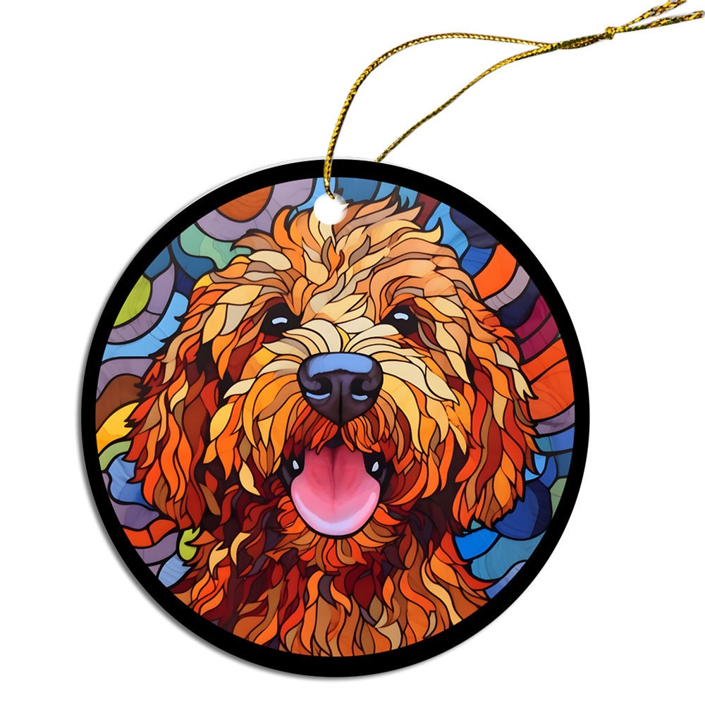 Stained glass style Christmas ornament featuring a Cockapoo breed, elegantly designed with vibrant colors and a golden string.