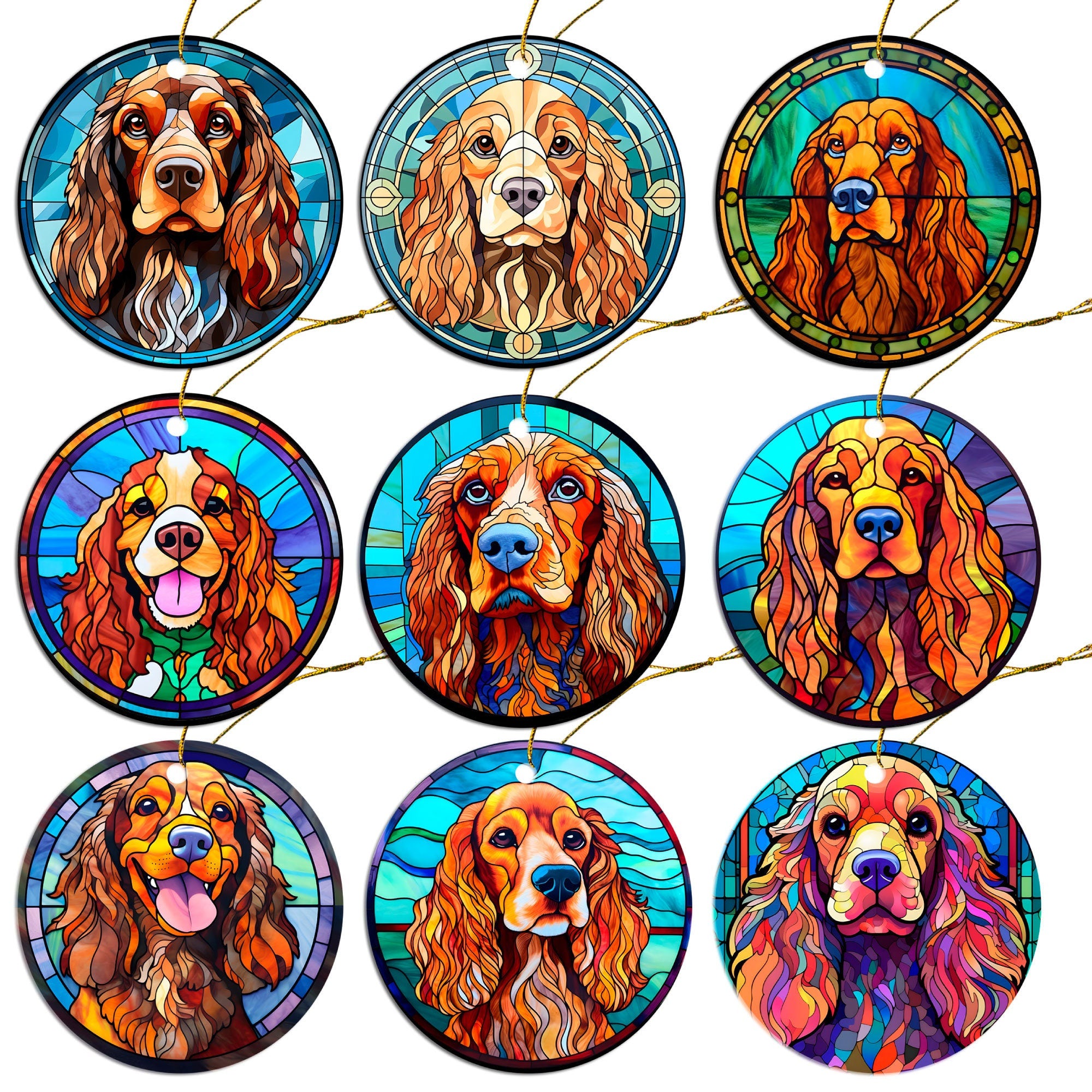 Stained glass style Christmas ornament featuring a Cocker Spaniel, round ceramic design with golden string.