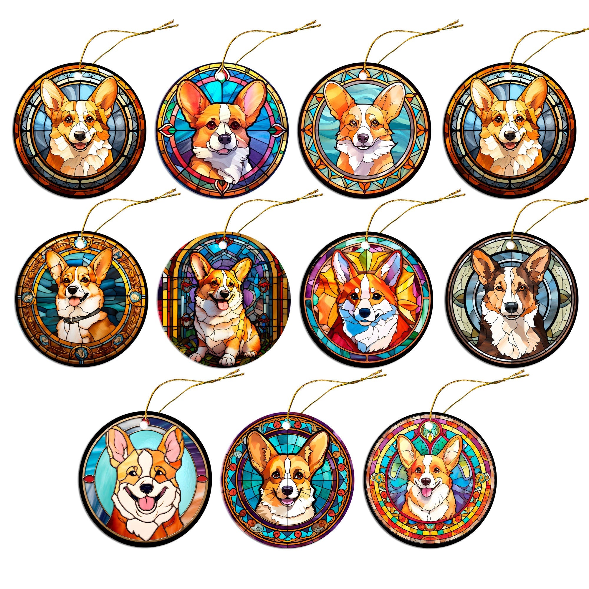 Stained glass style Christmas ornament featuring a Corgi breed design, elegantly hung with a golden string.