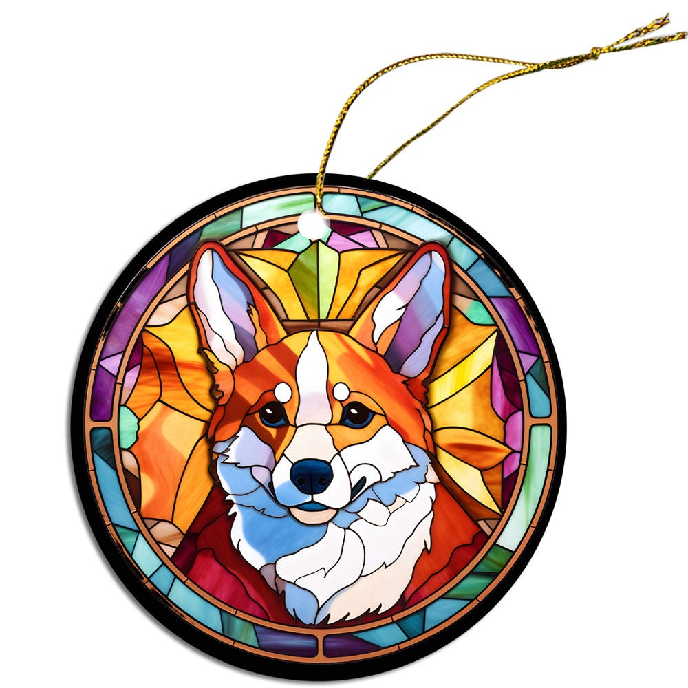 Stained glass style Christmas ornament featuring a Corgi breed design, elegantly hung with a golden string.