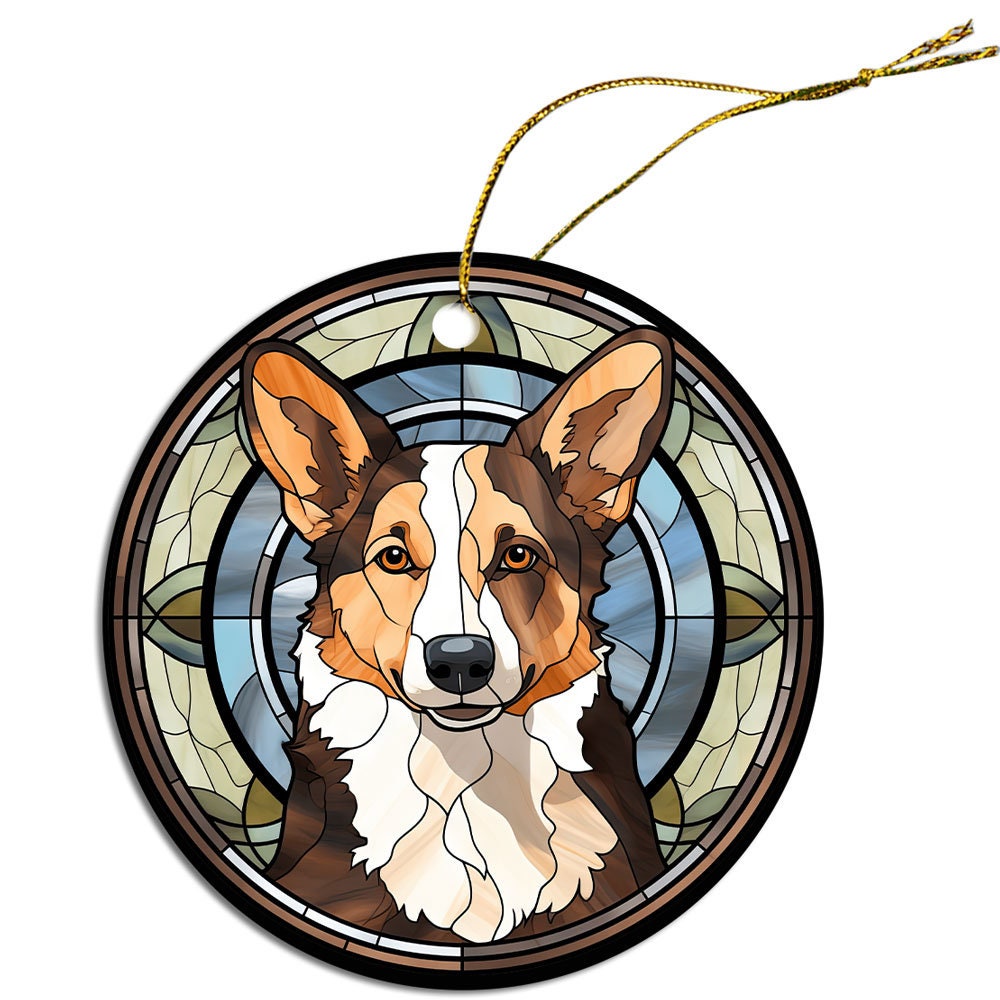 Stained glass style Christmas ornament featuring a Corgi breed design, elegantly hung with a golden string.