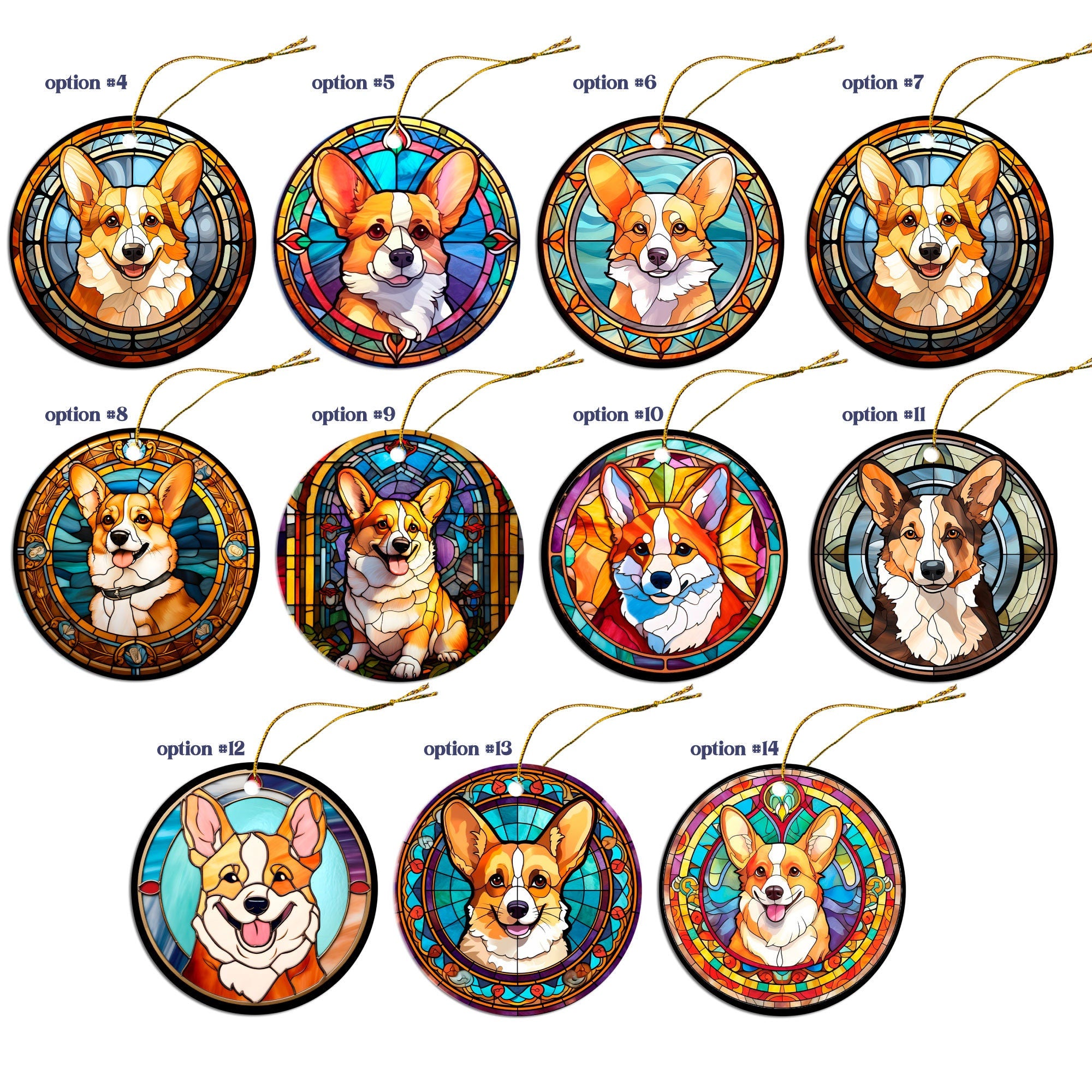 Stained glass style Christmas ornament featuring a Corgi breed design, elegantly hung with a golden string.