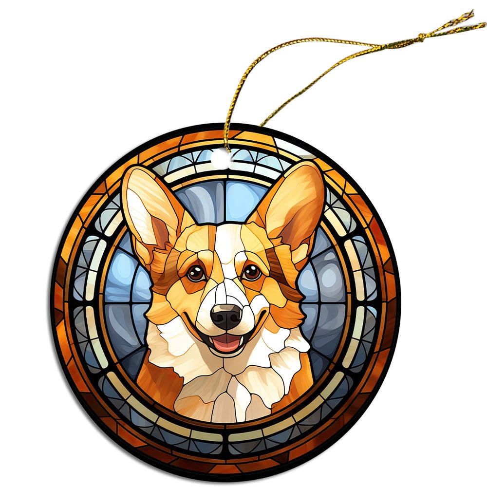 Stained glass style Christmas ornament featuring a Corgi breed design, elegantly hung with a golden string.