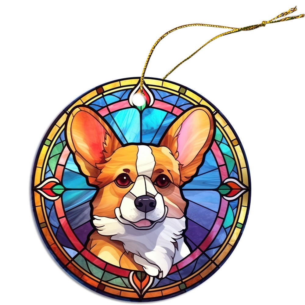 Stained glass style Christmas ornament featuring a Corgi breed design, elegantly hung with a golden string.