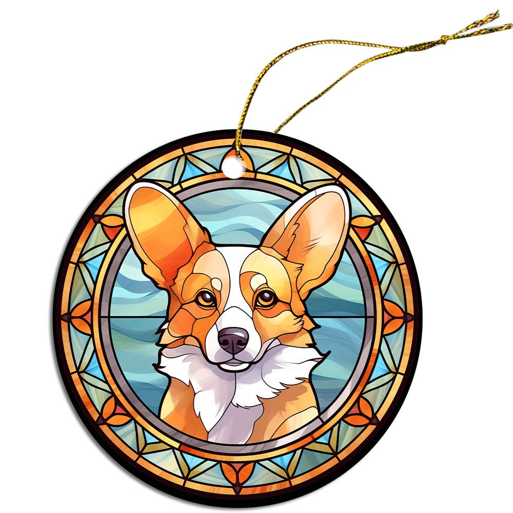 Stained glass style Christmas ornament featuring a Corgi breed design, elegantly hung with a golden string.