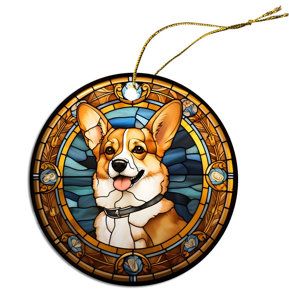 Stained glass style Christmas ornament featuring a Corgi breed design, elegantly hung with a golden string.