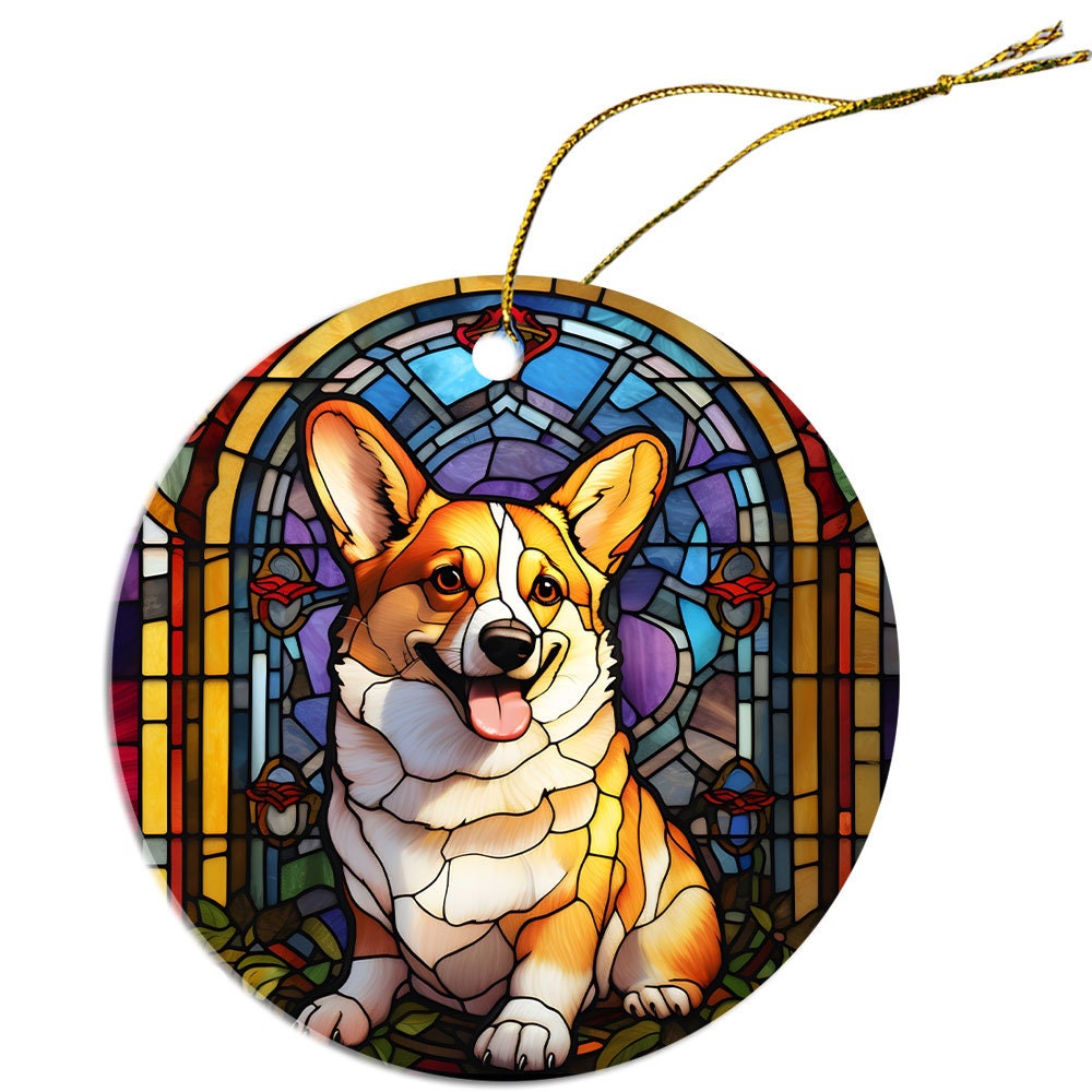 Stained glass style Christmas ornament featuring a Corgi breed design, elegantly hung with a golden string.